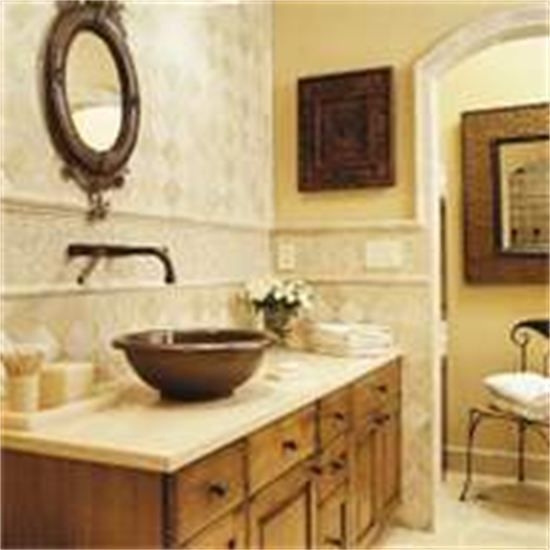 Bathroom with open counter space and detailed wood vanity