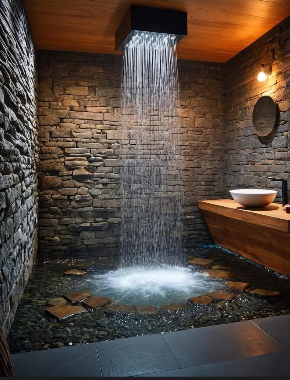 Custom stone shower with an overhead rain-wall water feature
