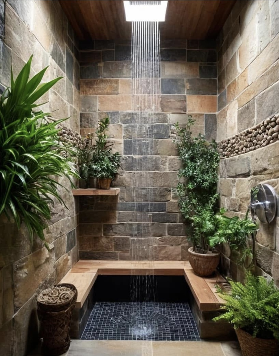 Custom spa shower finished with natural stone wall tile