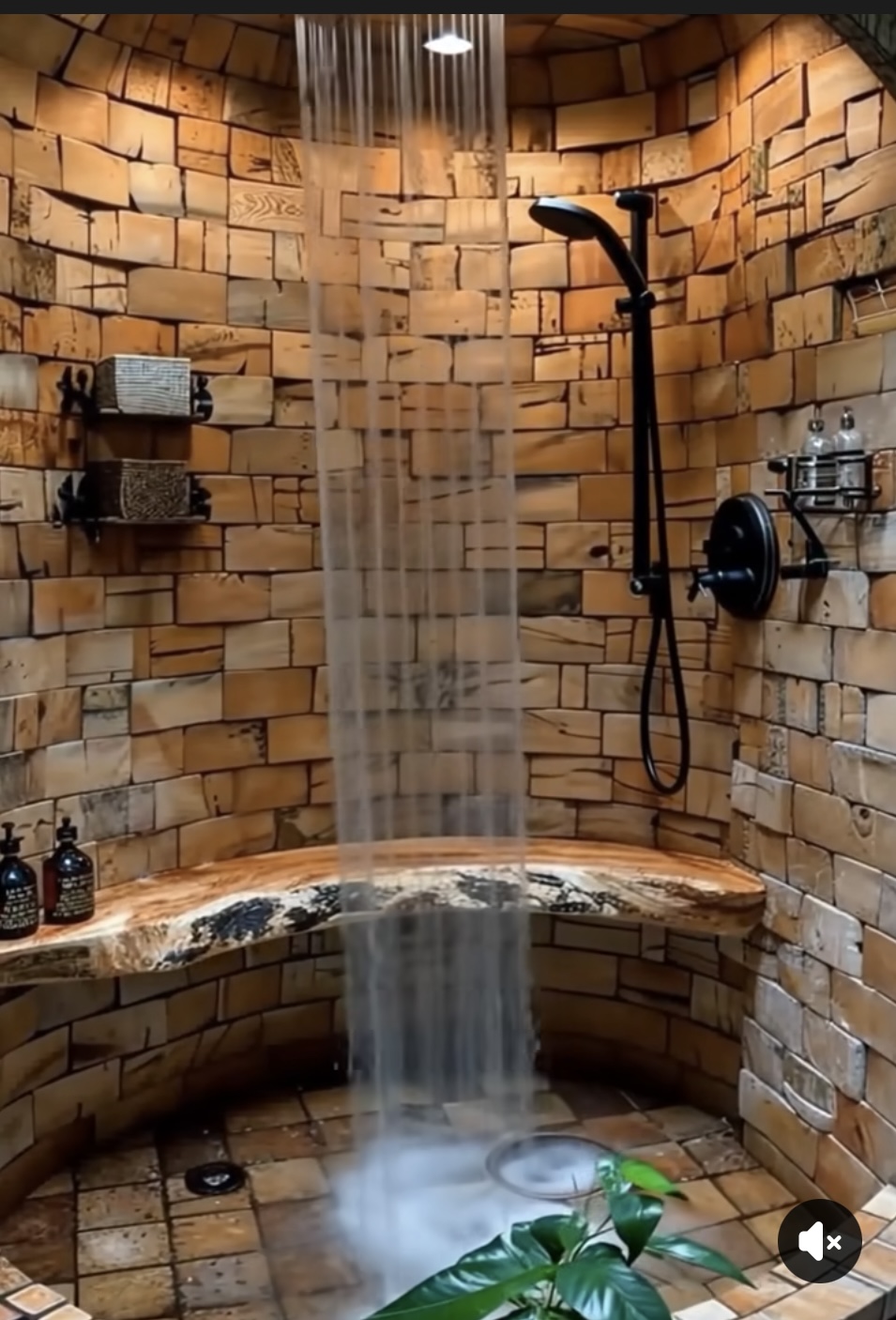Custom curved shower built with stacked stone and integrated seating